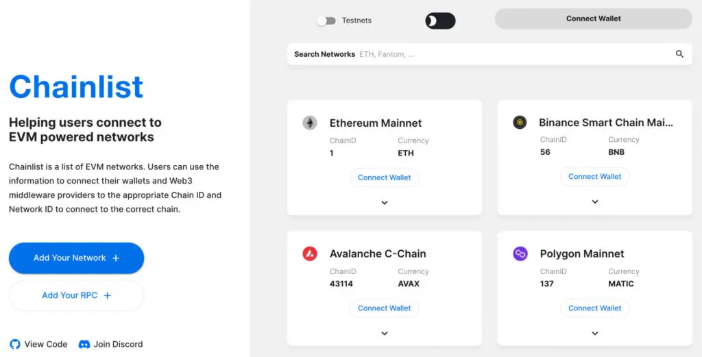 Các thêm mạng mới vào Metamask bằng Chainlist