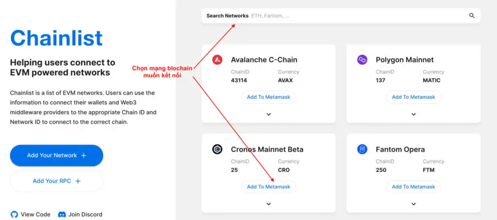 Kết nói ví metamaks và chọn mạng lưới cần thêm trên Chainlist