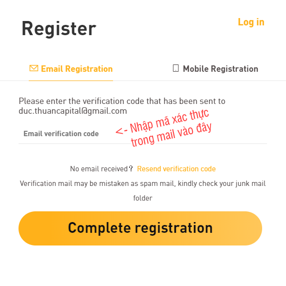 nhập mã xác thực trong email