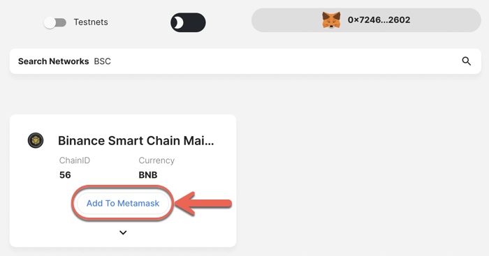 Thêm BSC vào Metamask trên Chainlist.org