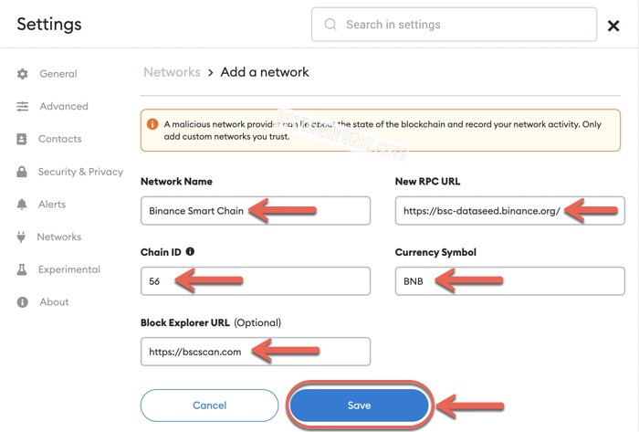 Nhập thông số mạng Binance Smart Chain (BSC)